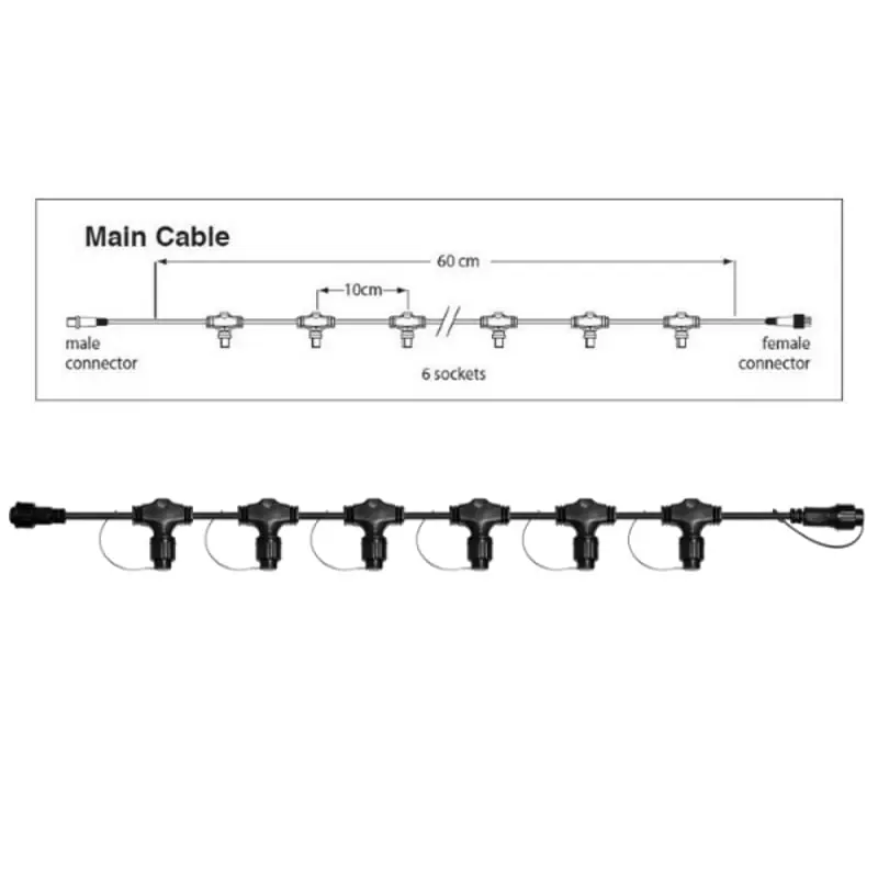 0,60m Hauptkabel Schwarz 230V mit 6 Fassungen für modulare Lichterketten System IP44 Ausverkauf